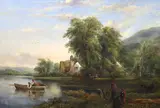 River landscape with fishermen in a boat by Frederick William Watts, oil on canvas, sold Dec 2023