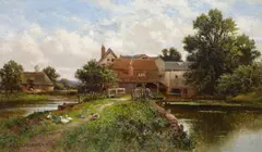 Ducks before a watermilloil on canvassigned and dated ' by Alfred Augustus Glendening, Sr., oil on canvas, sold Dec 2023