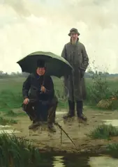 Fishing in the rain by Walter Dendy Sadler, Oil on canvas relined, sold Dec 2023
