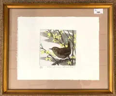 Wren and Forsythia by David Koster, etching, sold Apr 2024