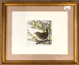 Wren and Forsythia by David Koster, etching, sold Apr 2024