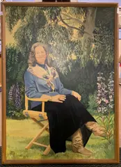 Portrait of a seated lady by David Chedgey, acrylic on board, offered Apr 2024
