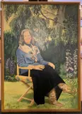 Portrait of a seated lady by David Chedgey, acrylic on board, offered Apr 2024