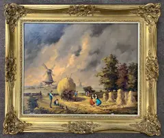 Bringing in the harvest by Gudren Sibbons, oil on board, sold Apr 2024