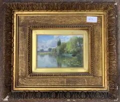 A riverbank / Lily pond view by Ernest Parton, oil on panel, sold Apr 2024