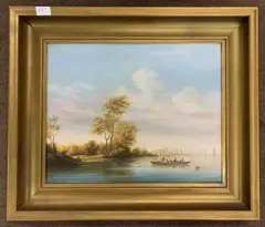 Coastal scene with figures on a punt and sailboats on the horizon by Bernard Page, oil on canvas, sold Apr 2024