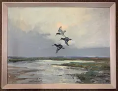 Ducks in flight by Jack Cox, oil on board, sold Apr 2024