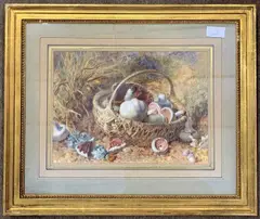 Still life of Mushrooms in a basket by Jabez Bligh, watercolour, sold Apr 2024