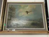 Ring necked pheasant in flight across a landscape by R.J. Scott, oil on board, sold Apr 2024