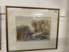 A view across a river to a bridge and trees by Henry Harris Lines, 1881, pencil and watercolour, sold Apr 2024
