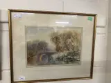 A view across a river to a bridge and trees by Henry Harris Lines, 1881, pencil and watercolour, sold Apr 2024