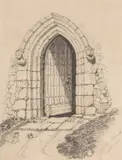 Gorliston Church by Jane Worship, 1836, charcoal, sold Mar 2024