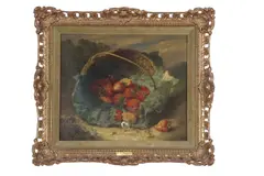 Still life study of strawberries on a cabbage leaf by a basket by Eloise Harriet Stannard, 1871, oil on canvas, sold Mar 2024