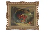 Still life study of strawberries on a cabbage leaf by a basket by Eloise Harriet Stannard, 1871, oil on canvas, sold Mar 2024