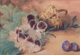 Still life study of pansies and plums in a basket by Eloise Harriet Stannard, watercolour, sold Mar 2024
