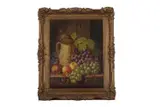 Still life study of mixed fruit by a stone ware flagon by Charles Thomas Bale, oil on canvas, sold Mar 2024