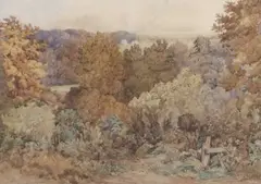 View over a wooded valley by John Joseph Cotman, 1870, watercolour, sold Mar 2024