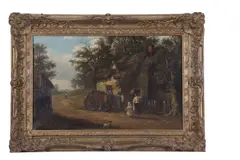 Figures conversing by a thatched cottage by Thomas Smythe, oil on canvas, sold Mar 2024