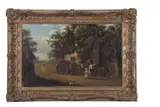 Figures conversing by a thatched cottage by Thomas Smythe, oil on canvas, sold Mar 2024