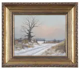 View across a winter landscape by Sidney F.Clarke, oil on board, sold Mar 2024