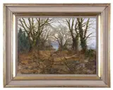 A bevy of pheasants on a woodland track by Colin Burns, oil on canvas, sold Mar 2024