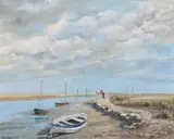 Norfolk estuary with boats by Phillipa Leigh, oil on board, sold Mar 2024