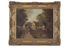 Figures conversing by a thatched cottage by Thomas Smythe, oil on canvas, sold Mar 2024