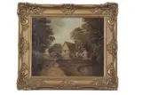 Figures conversing by a thatched cottage by Thomas Smythe, oil on canvas, sold Mar 2024