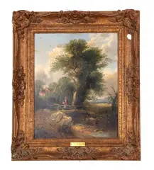 Landscape with a lady on a bridge by Samuel David Colkett, oil on board, sold Mar 2024