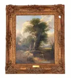 Landscape with a lady on a bridge by Samuel David Colkett, oil on board, sold Mar 2024