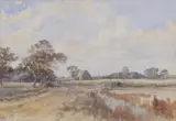 Rural landscape with a distant church by Charles Harmony Harrison, 1879, watercolor, sold Mar 2024