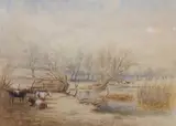 Cattle grazing by a meandering river by Thomas Smythe, watercolour, sold Mar 2024