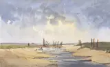 An estuary scene by Frank Halliday, watercolour and pencil, sold Mar 2024