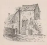Building with a gentleman figure leaning against a wall by Fanny Musgrave, 1851, pencil, sold Mar 2024