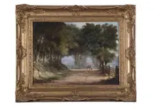 Rural scene with a figure on horseback and lady walking a pathway by Patrick Nasmyth, oil on canvas, sold Mar 2024