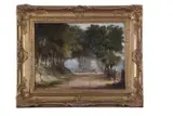 Rural scene with a figure on horseback and lady walking a pathway by Patrick Nasmyth, oil on canvas, sold Mar 2024