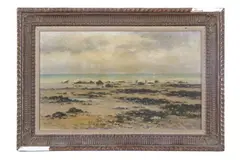 Beach scene with two figures in the shallows and a by Émile Louis Vernier, oil on canvas, sold Mar 2024