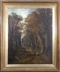 A view through Autumnal trees with foreground figures and another by James Wallace, oil on canvas, sold Mar 2024