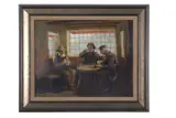 Interior scene depicting three men in a public house by Ralph Hedley, 1903, oil on board, offered Mar 2024