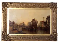 City view with barges on a river by Alfred Monatague, oil, sold Mar 2024