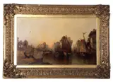 City view with barges on a river by Alfred Monatague, oil, sold Mar 2024