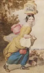 A girl with a basket of pigeons by Thomas Heaphy, watercolour and pencil, sold Mar 2024