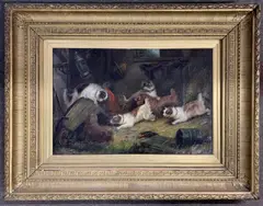 Terriers on the hunt in a barn by George Armfield, oil on canvas, sold Mar 2024