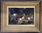 Terriers on the hunt in a barn by George Armfield, oil on canvas, sold Mar 2024