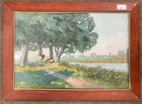 Landscape scene with cattle resting on the riverbank by D.Gordon Shirra, oil, offered Mar 2024