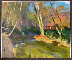 A view through trees and a meandering river by Sergei Kovalenko, oil on board, sold Mar 2024