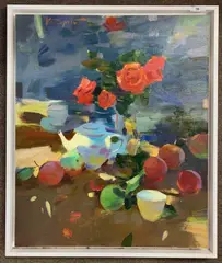 Still life by Sergei Kovalenko, oil on board, sold Mar 2024