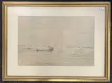 Coastal waves crash the shoreline and a beached ship wreck by Albert Marks, watercolour, offered Mar 2024
