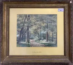 A view through a woodland pathway by Charles Collins, watercolour, offered Mar 2024