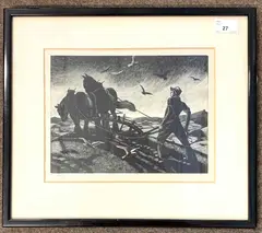 Ploughing by Clare Leighton, engraving, sold Mar 2024